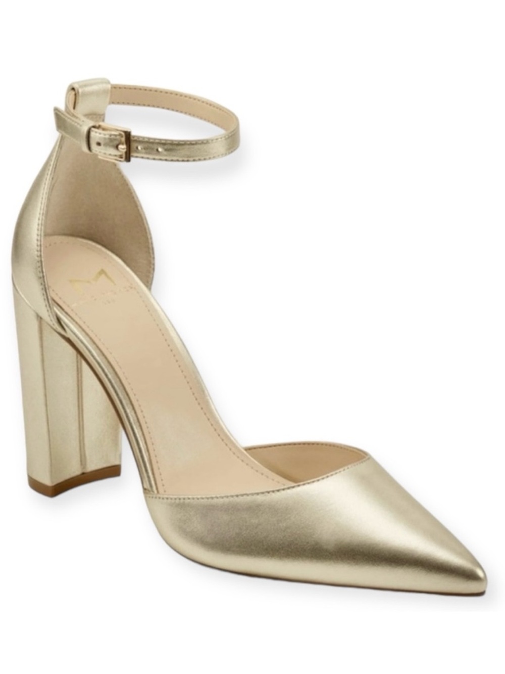 MARC FISHER Arnette Pump Ankle Strap Pointed Toe Chunky Heel Gold Leather NWT